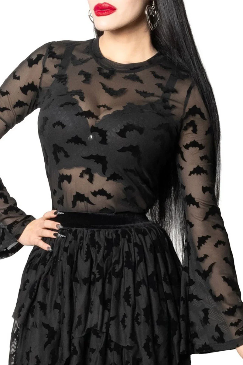Bat Repeat Mesh Bell Sleeve Top