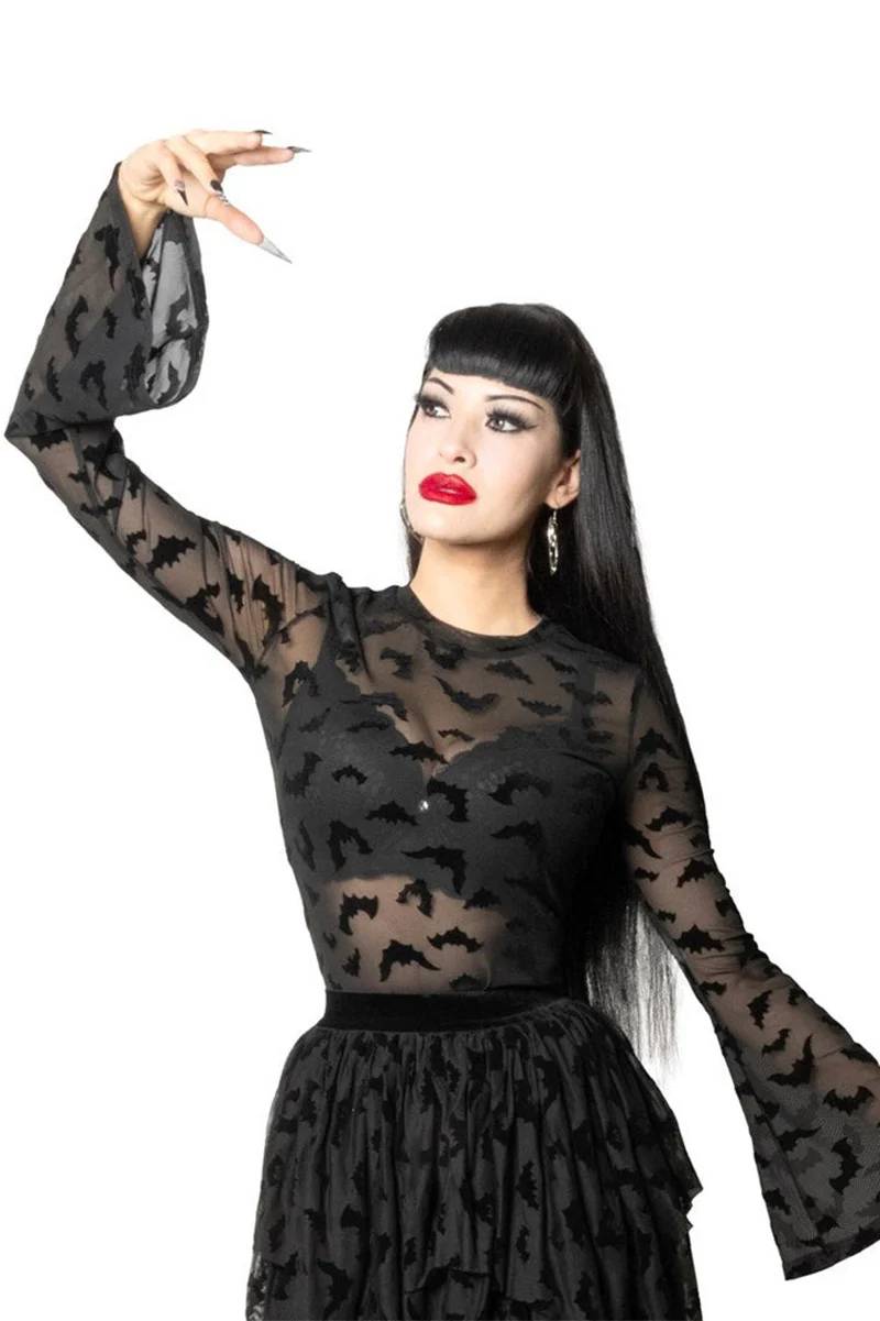 Bat Repeat Mesh Bell Sleeve Top - Image 3