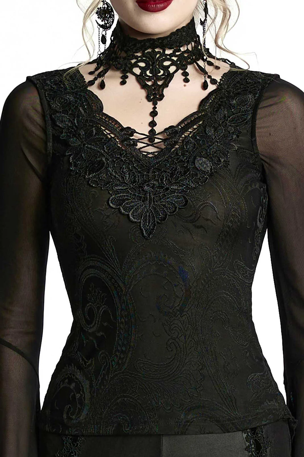 Bathory Damask Mesh Lace-Up Top - Image 2