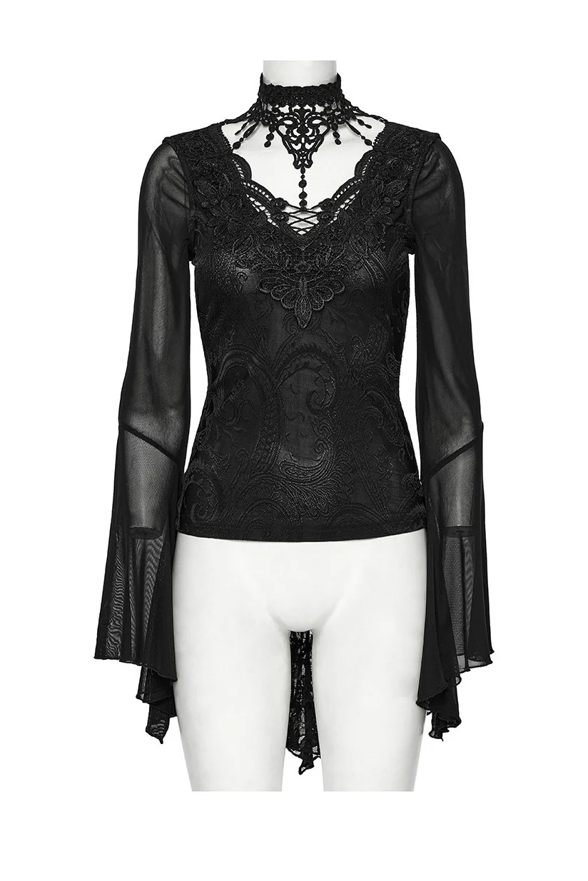 Bathory Damask Mesh Lace-Up Top - Image 3