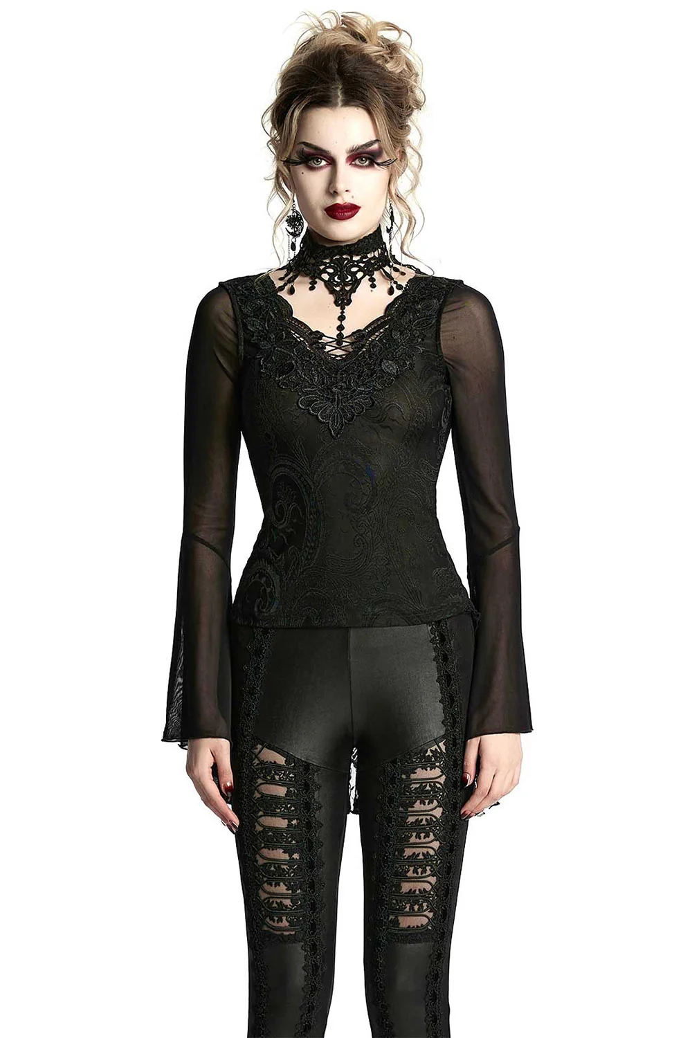 Bathory Damask Mesh Lace-Up Top - Image 6