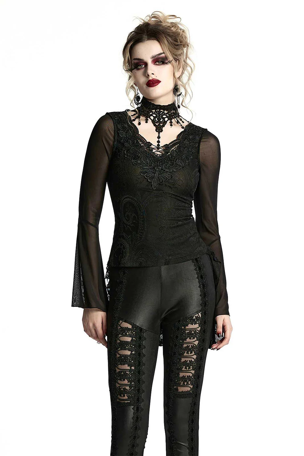 Bathory Damask Mesh Lace-Up Top - Image 9
