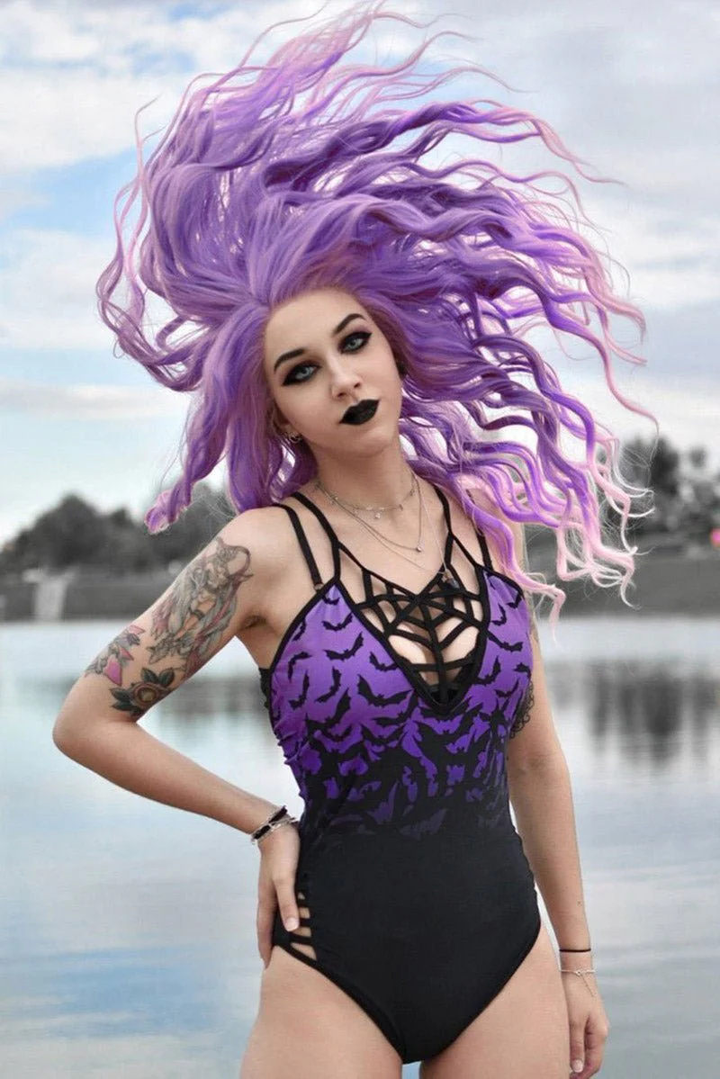 Bats in Purple Sky One Piece Swimsuit [BLACK/PURPLE] - Image 2