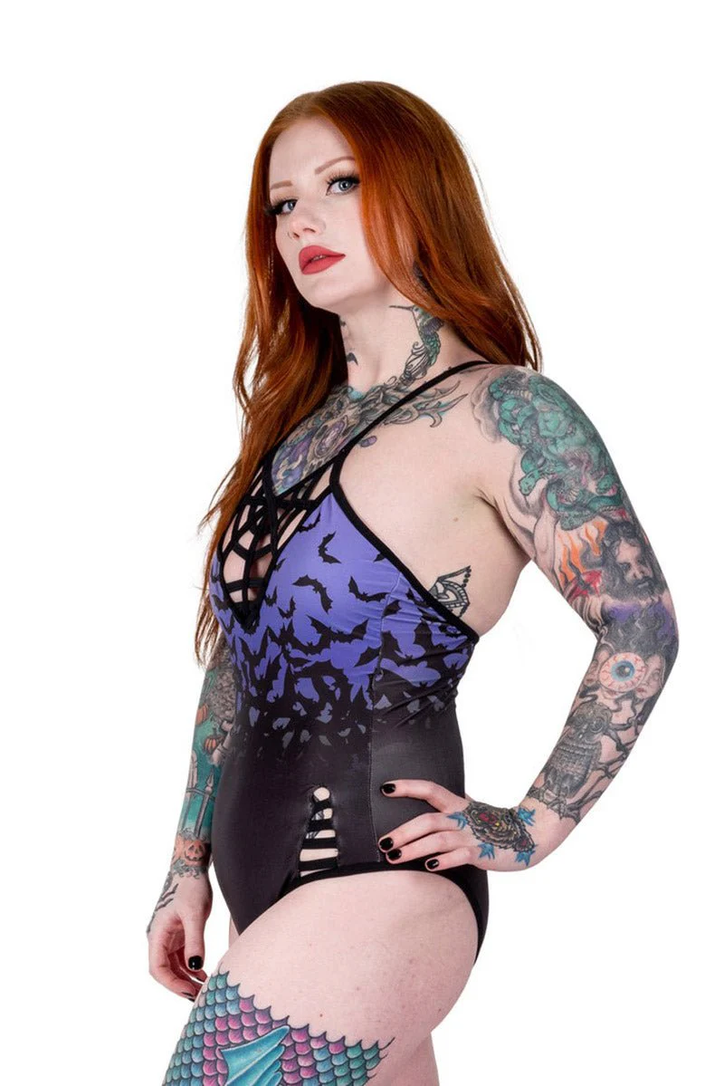 Bats in Purple Sky One Piece Swimsuit [BLACK/PURPLE] - Image 7