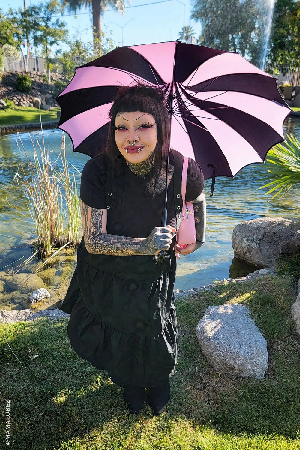 Batwing Pagoda Umbrella [BLACK/PASTEL PINK STRIPED] - Image 3