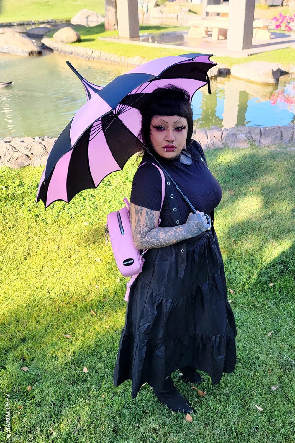Batwing Pagoda Umbrella [BLACK/PASTEL PINK STRIPED] - Image 5