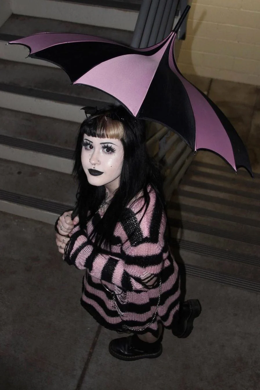 Batwing Pagoda Umbrella [BLACK/PASTEL PINK STRIPED] - Image 7