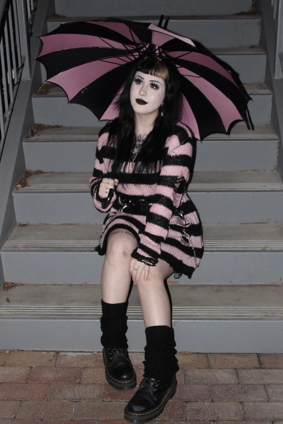 Batwing Pagoda Umbrella [BLACK/PASTEL PINK STRIPED] - Image 8