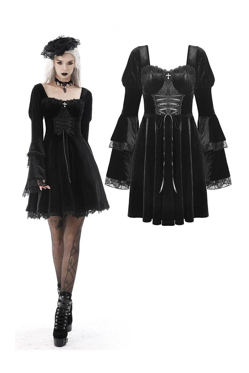 Black Flame Flared Gothic Dress - Image 2