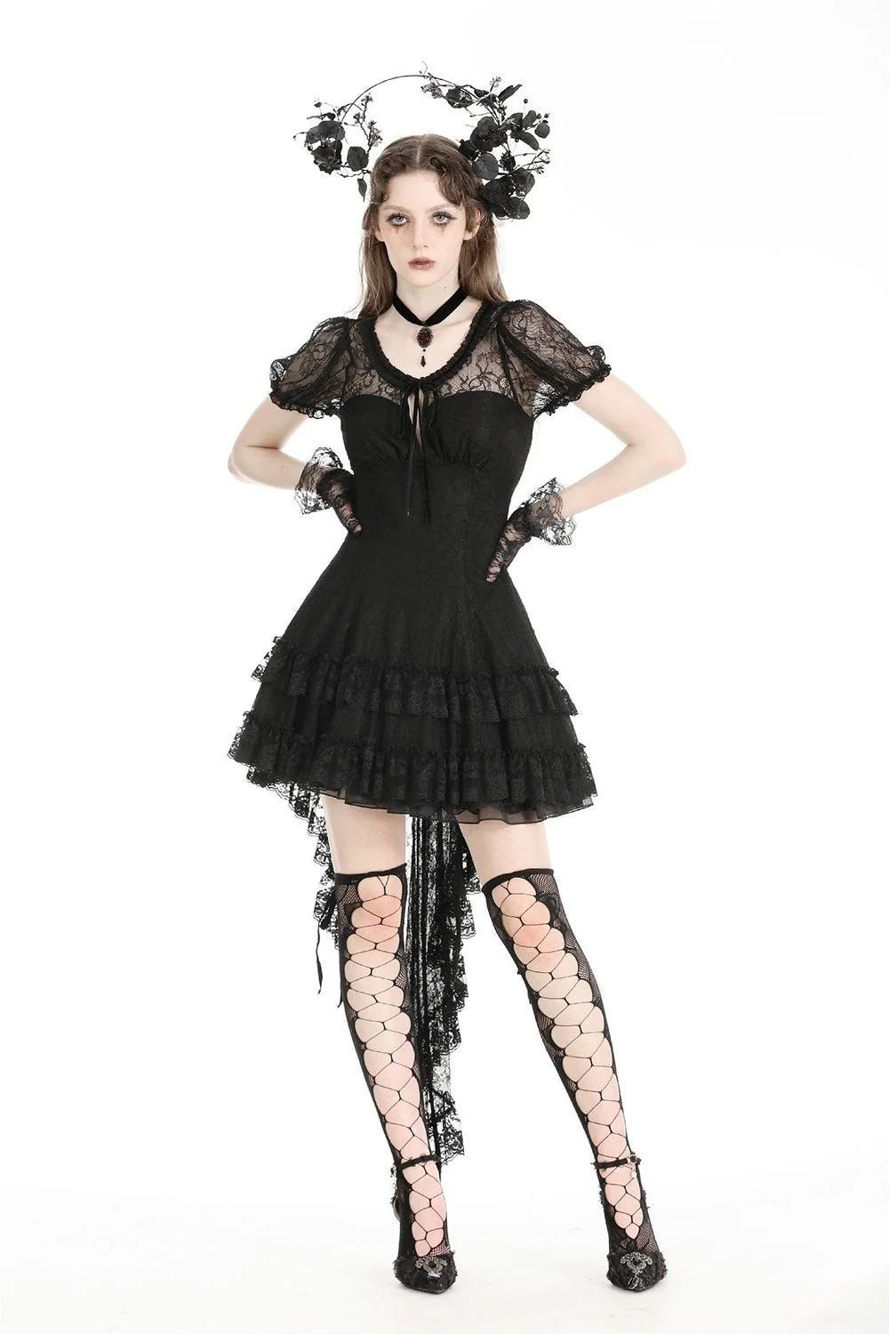 Black Porcelain Babydoll Dress with Train - Image 2