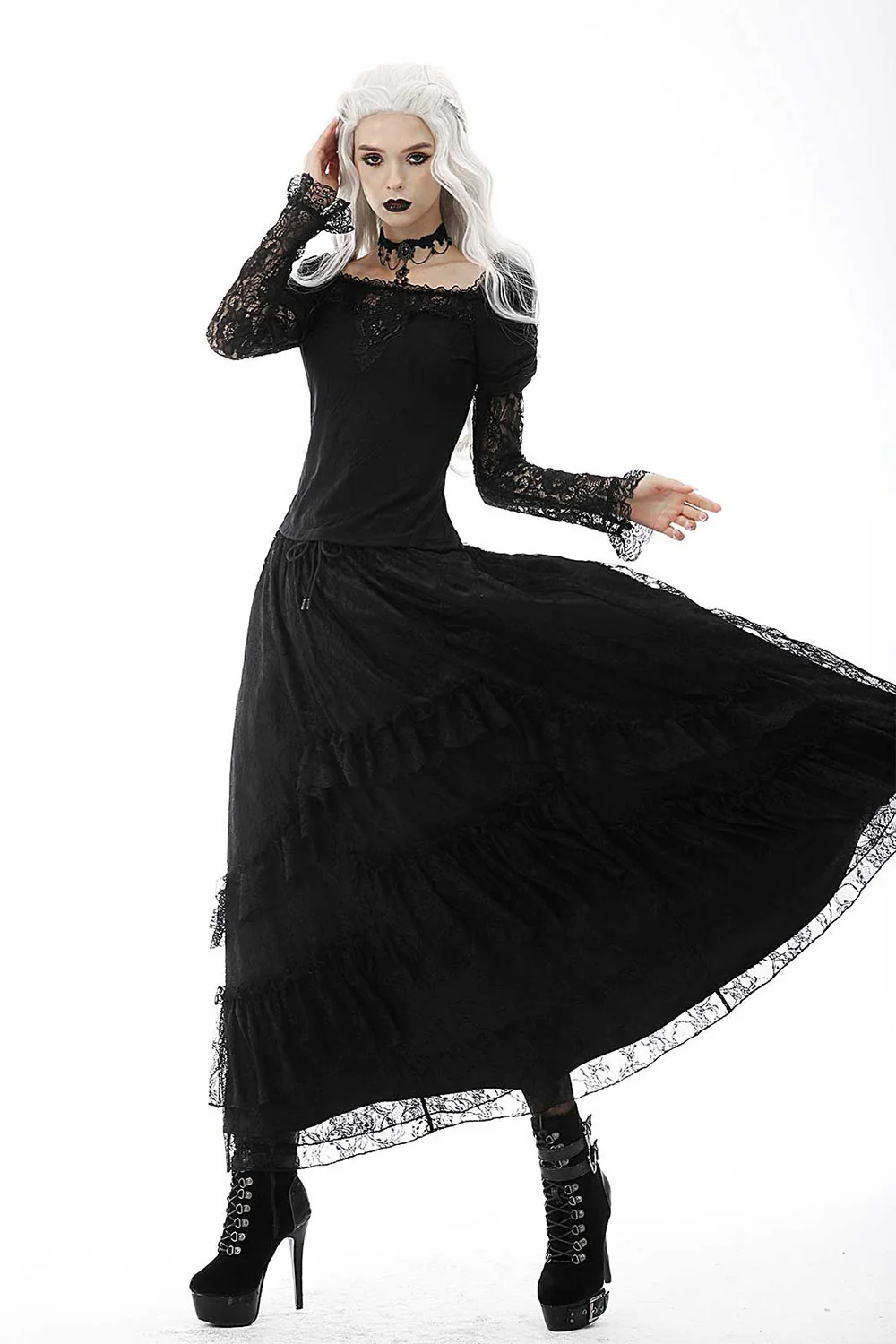 Black Twilight Ruffle Lace Maxi Skirt - Image 3
