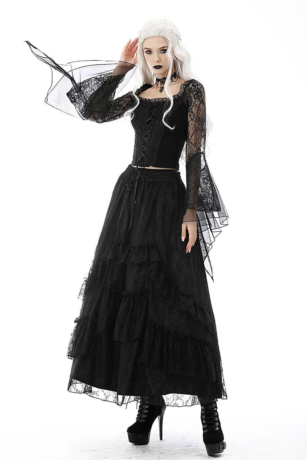 Black Twilight Ruffle Lace Maxi Skirt - Image 6