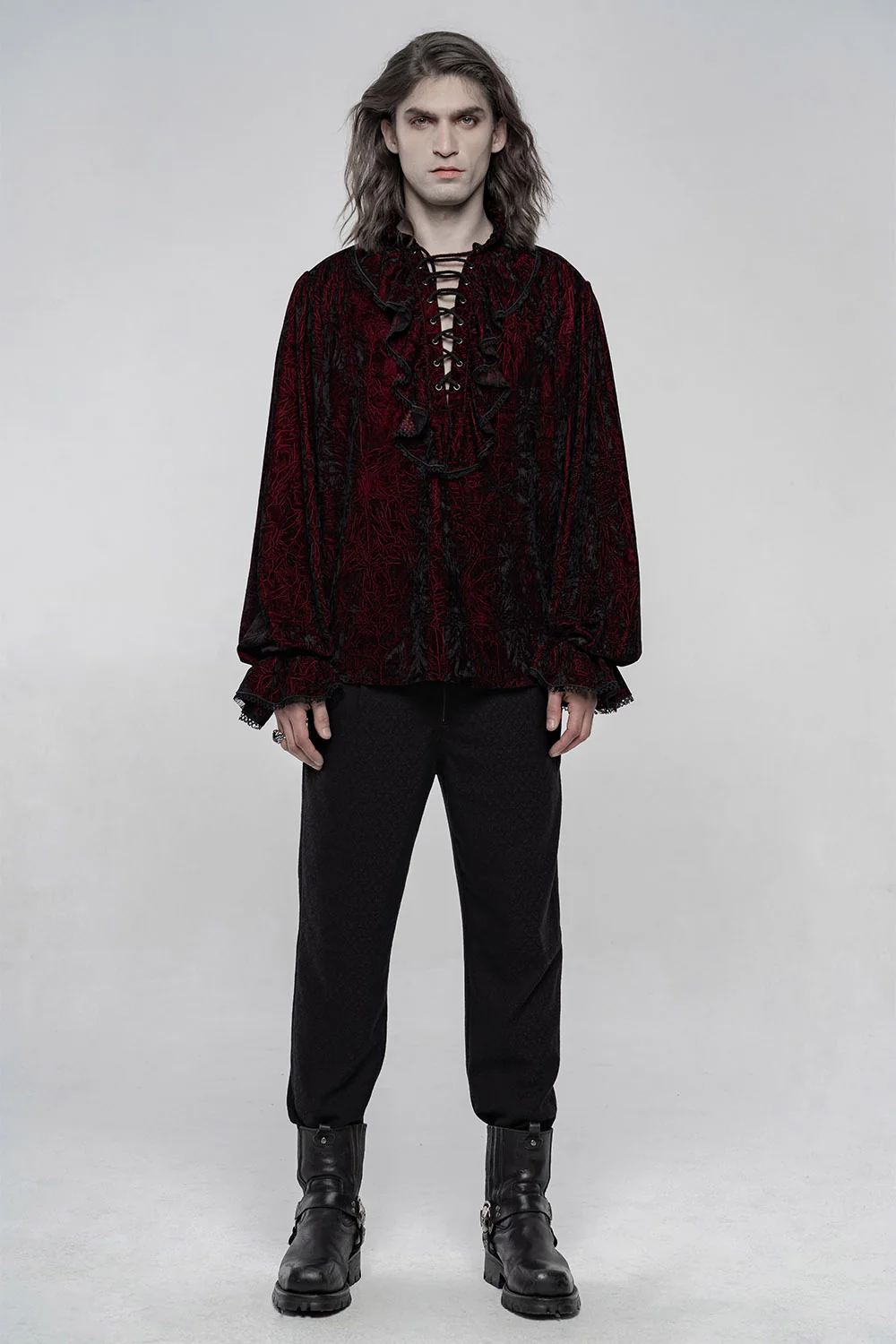 Bloodletting Lace-Up Velvet Shirt [Red] - Image 5