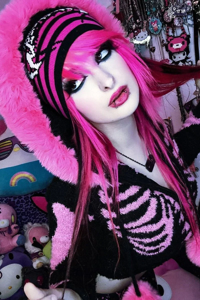 Bony Rib Cage Skeleton Fur Sweater [BLACK/PINK] - Image 8