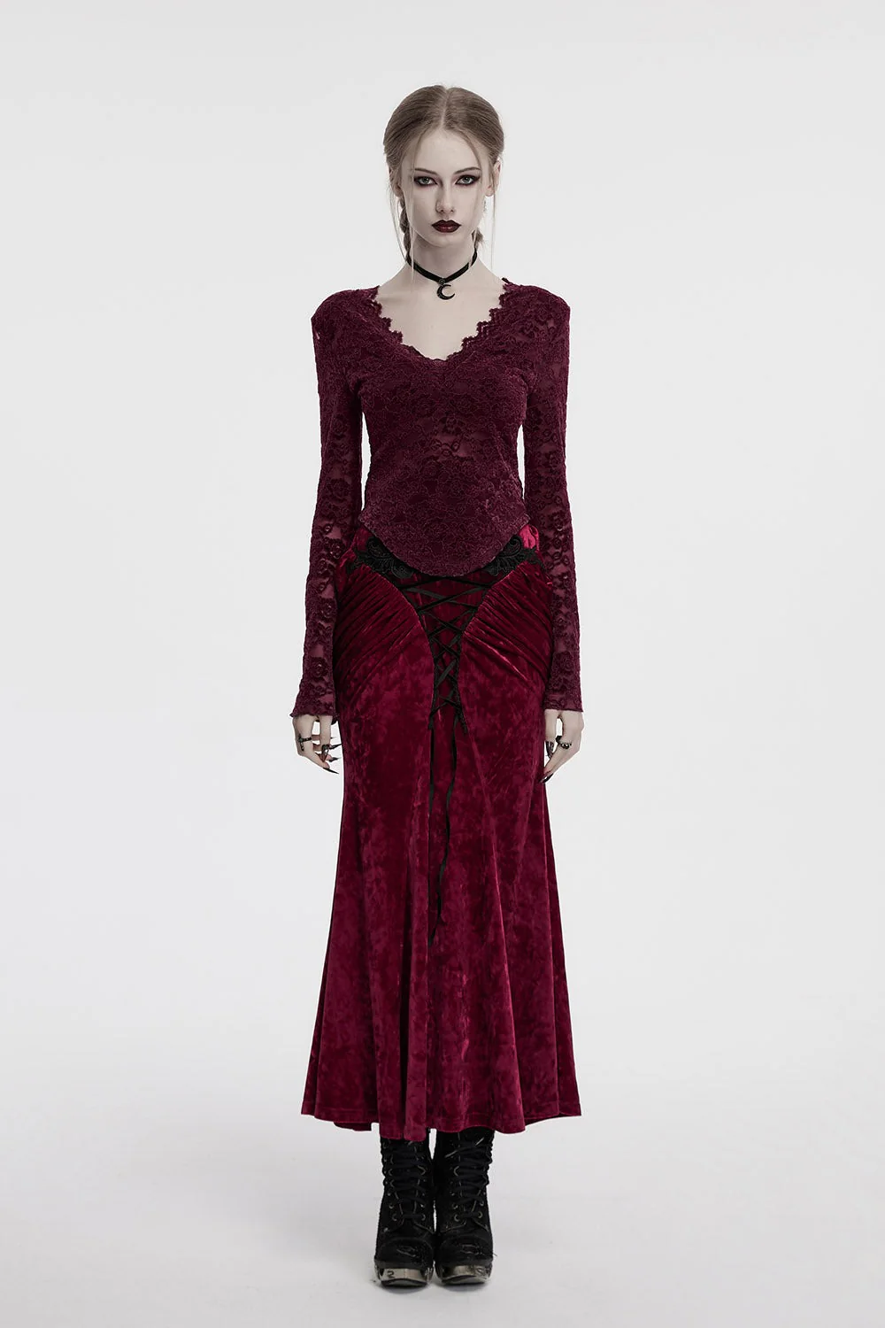 Cabernet Sauvignon Velvet Skirt [Wine Red] - Image 5