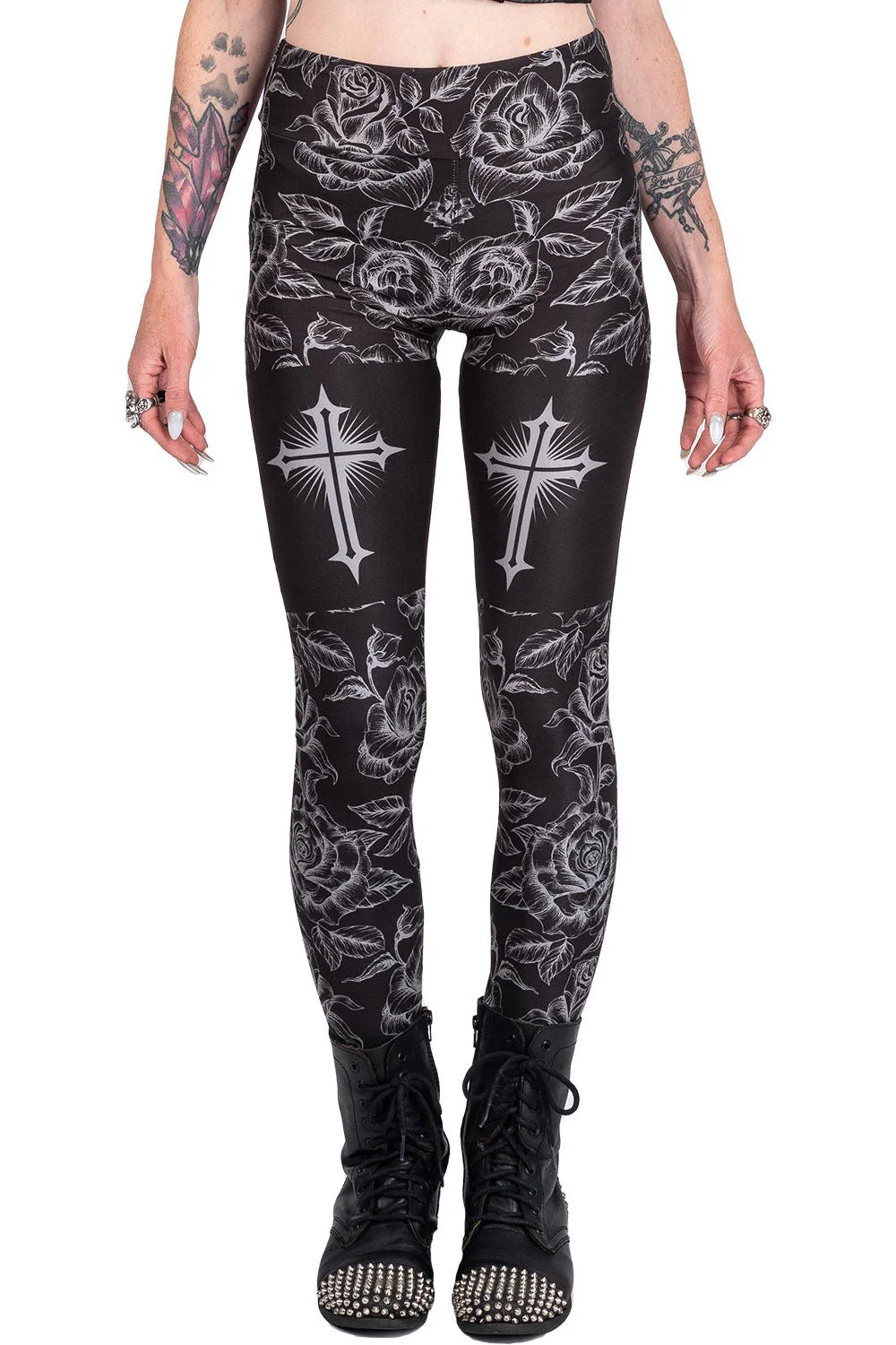 Classic Goth Rose Cross High Waist Leggings - Image 4