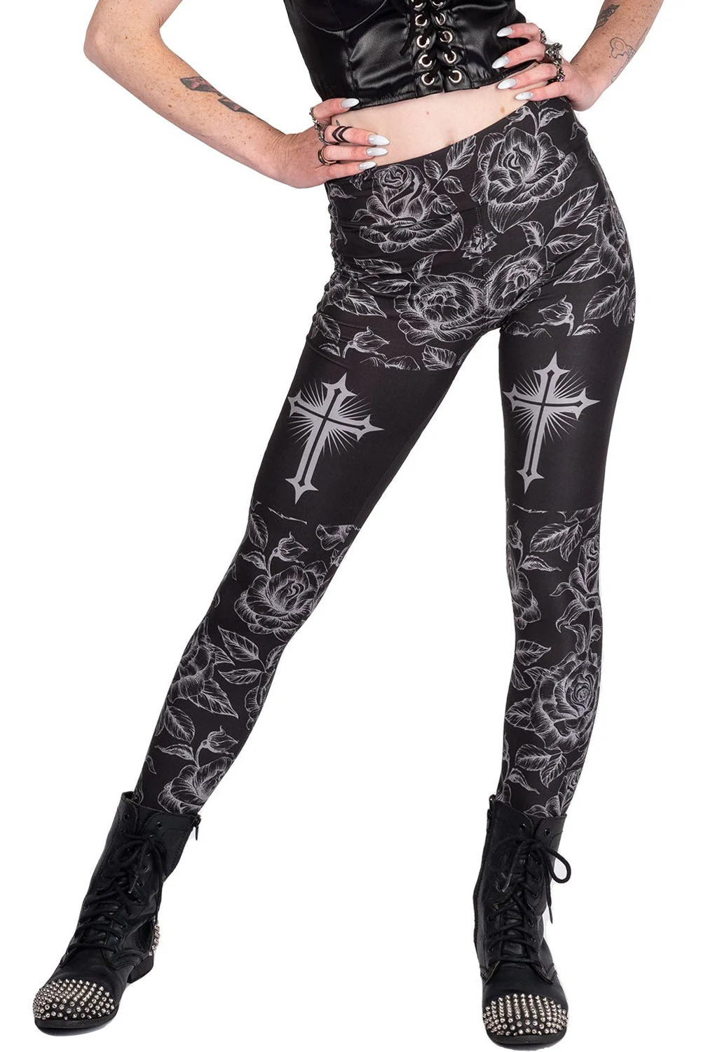 Classic Goth Rose Cross High Waist Leggings - Image 5