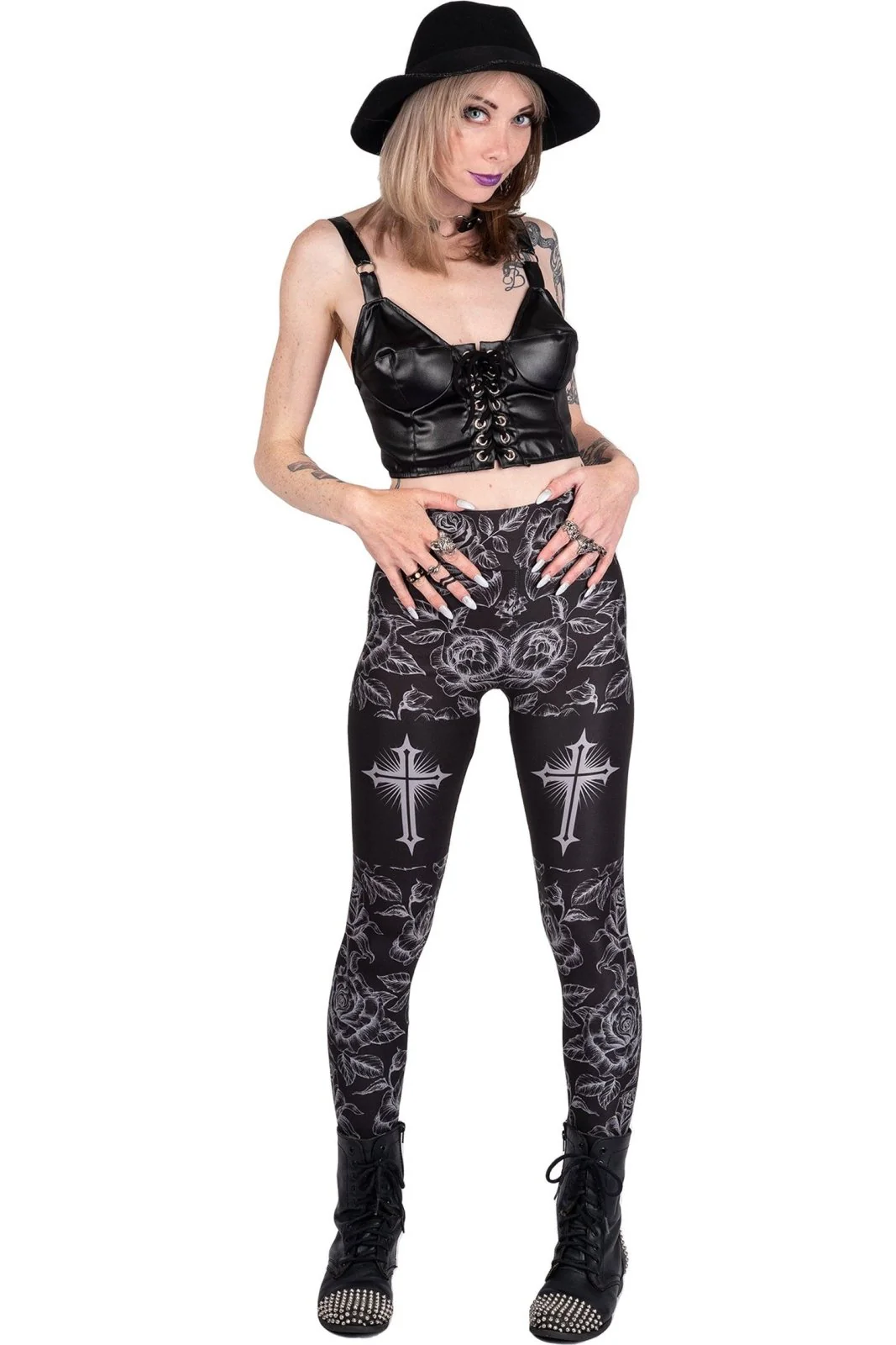 Classic Goth Rose Cross High Waist Leggings - Image 7