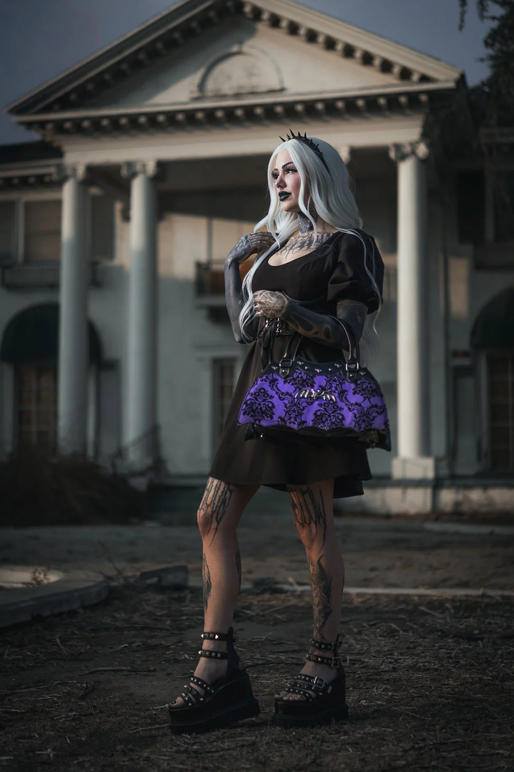 Damask Bat Handbag In Violet - Image 2