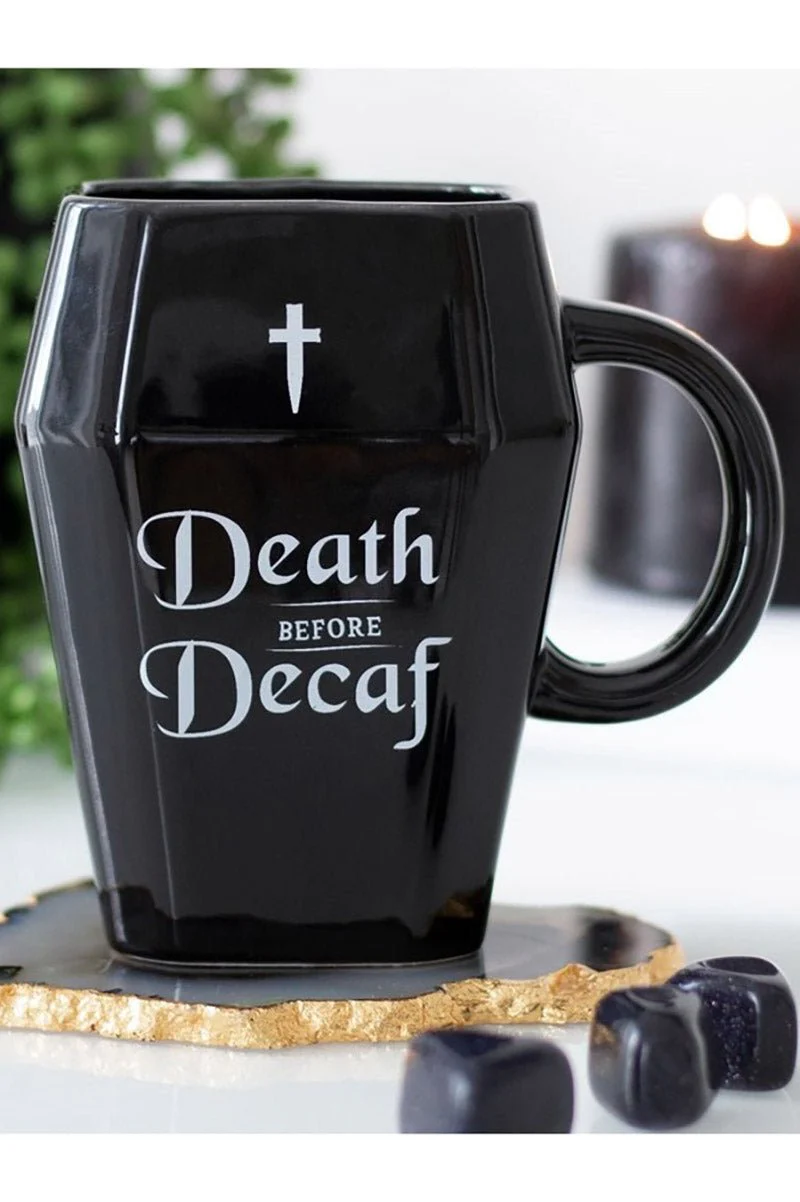 Gothic Halloween Death Before Decaf Coffin Mug - Image 4