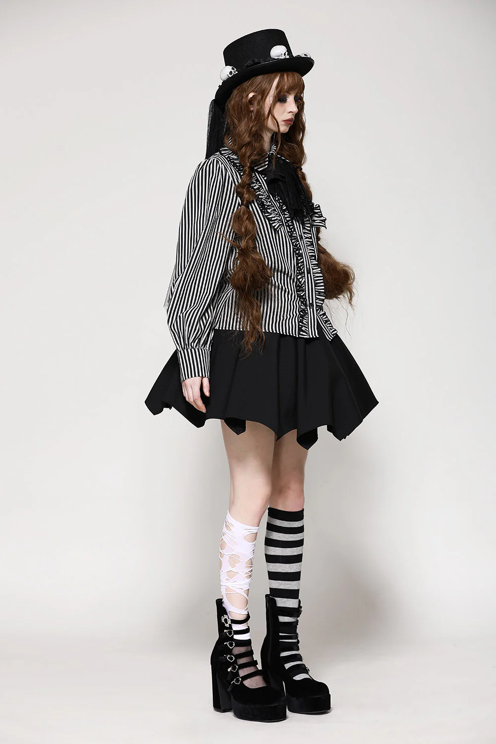 Mad Hatter Striped Button-Up Top with Lace Necktie - Image 5