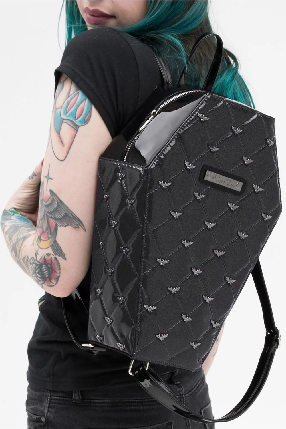 Mina Quilted Bat Coffin Backpack [Vinyl Black] - Image 2