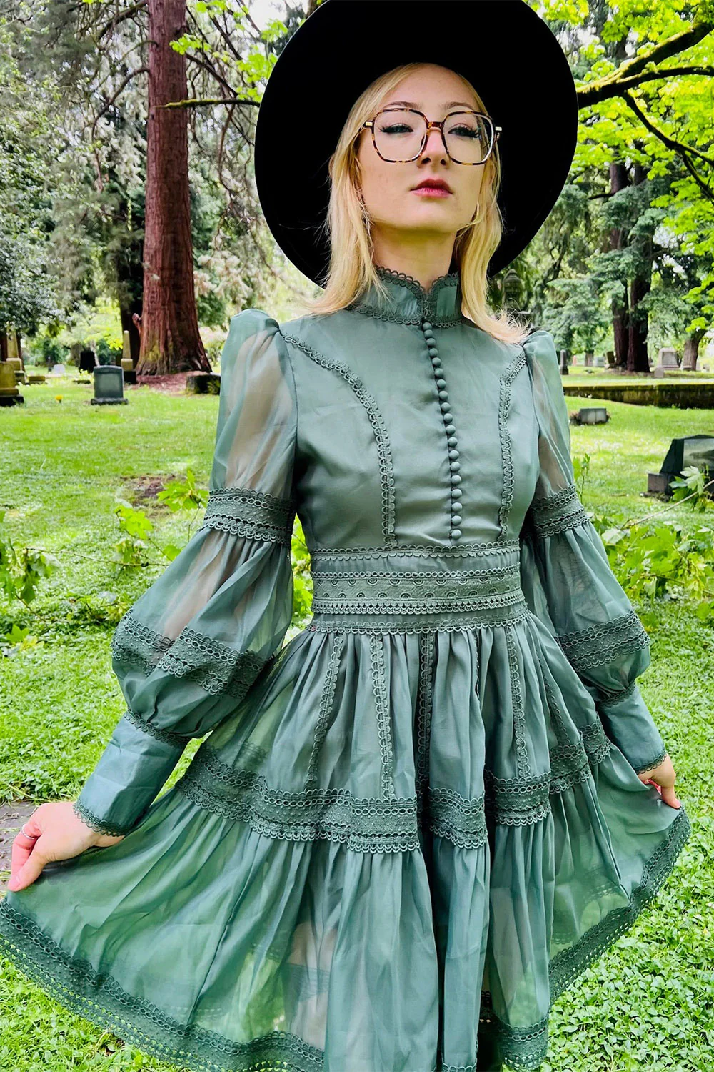 Morgana - Romantic Victorian Inspired Party Dress [Sage] - Image 3