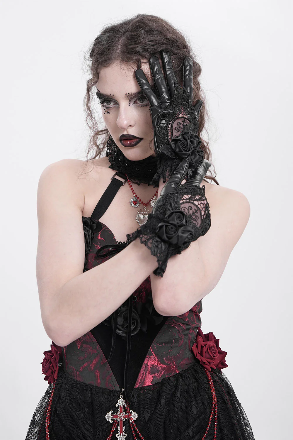 Night Veil Vegan Leather Lace Gloves - Image 3