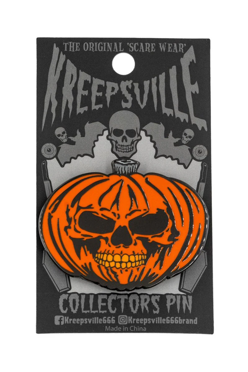 Pumpkin Skull Orange Enamel Pin - Image 2