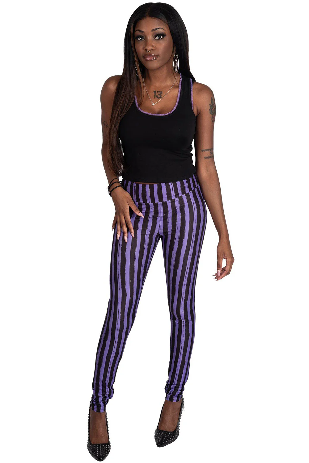 Purple and Black Striped High Waisted Leggings - Image 2