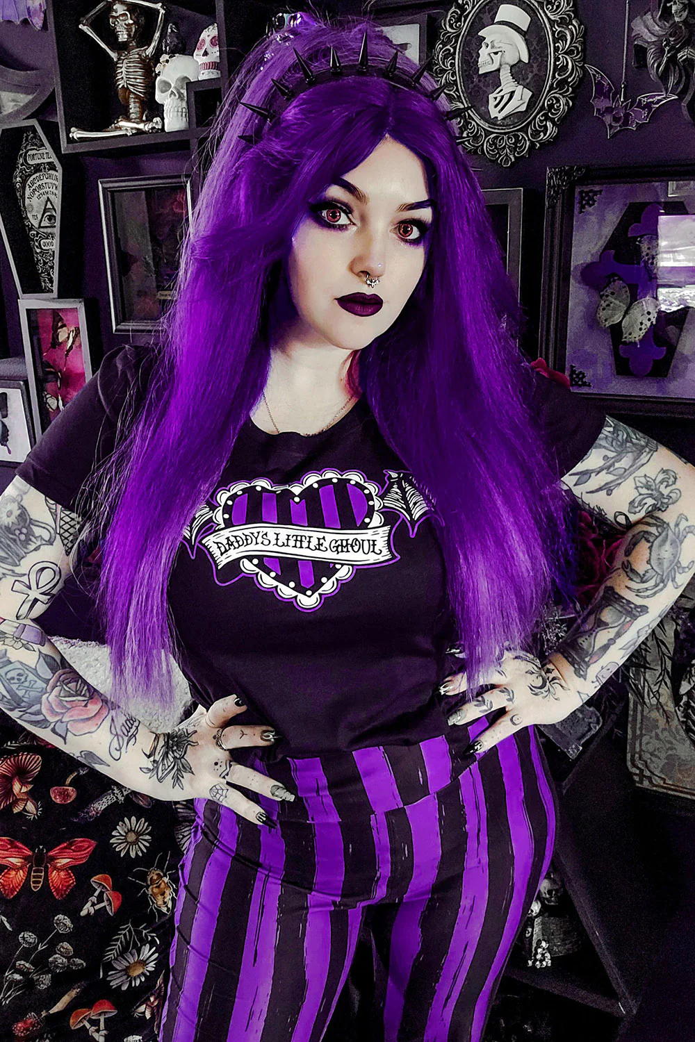 Purple and Black Striped High Waisted Leggings - Image 5
