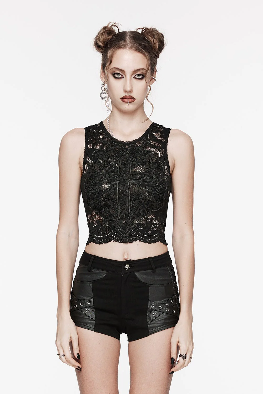 Santa Muerte Gothic Cross Lace Crop Top