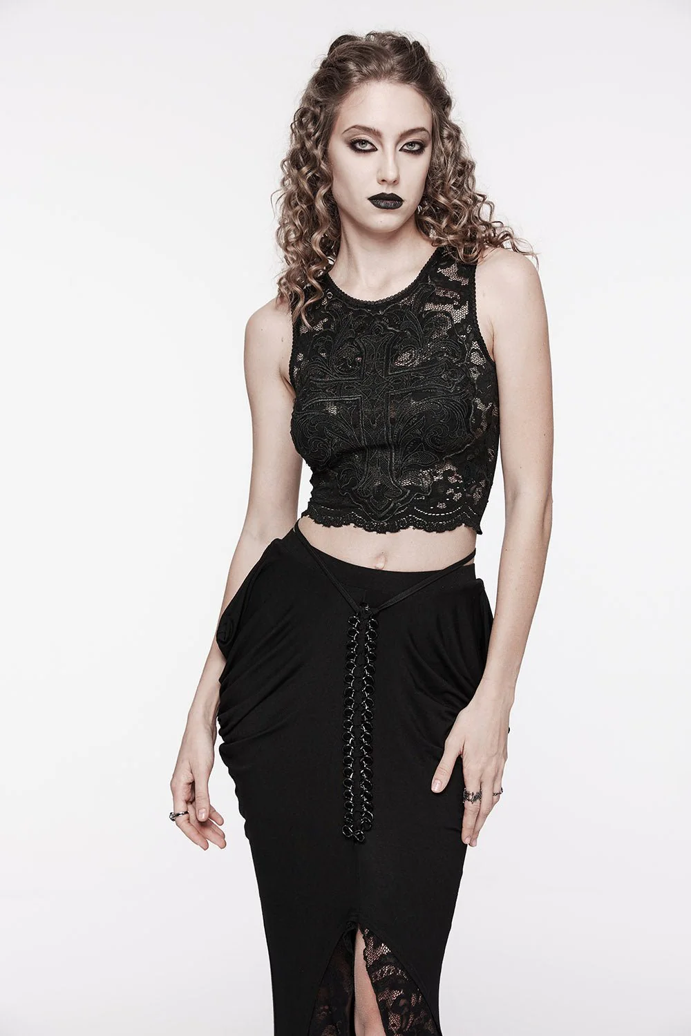 Santa Muerte Gothic Cross Lace Crop Top - Image 4