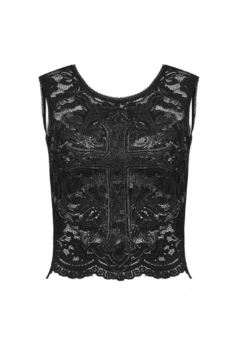 Santa Muerte Gothic Cross Lace Crop Top - Image 7
