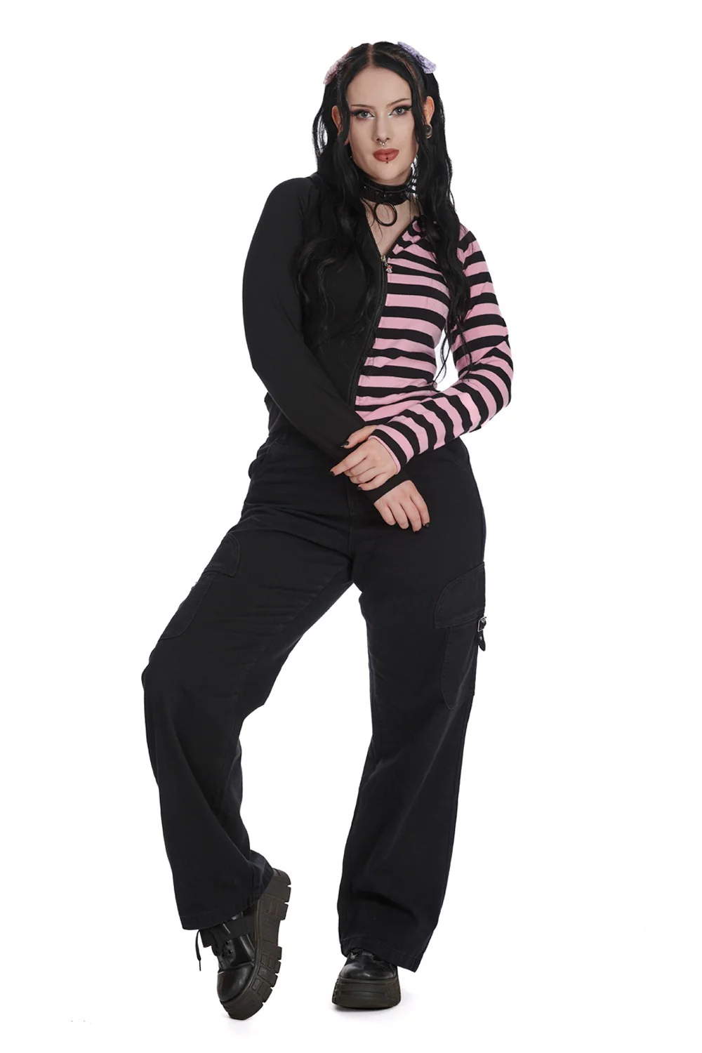 Shiori Half and Half Zippered Hoodie [BLACK/PINK] - Image 4