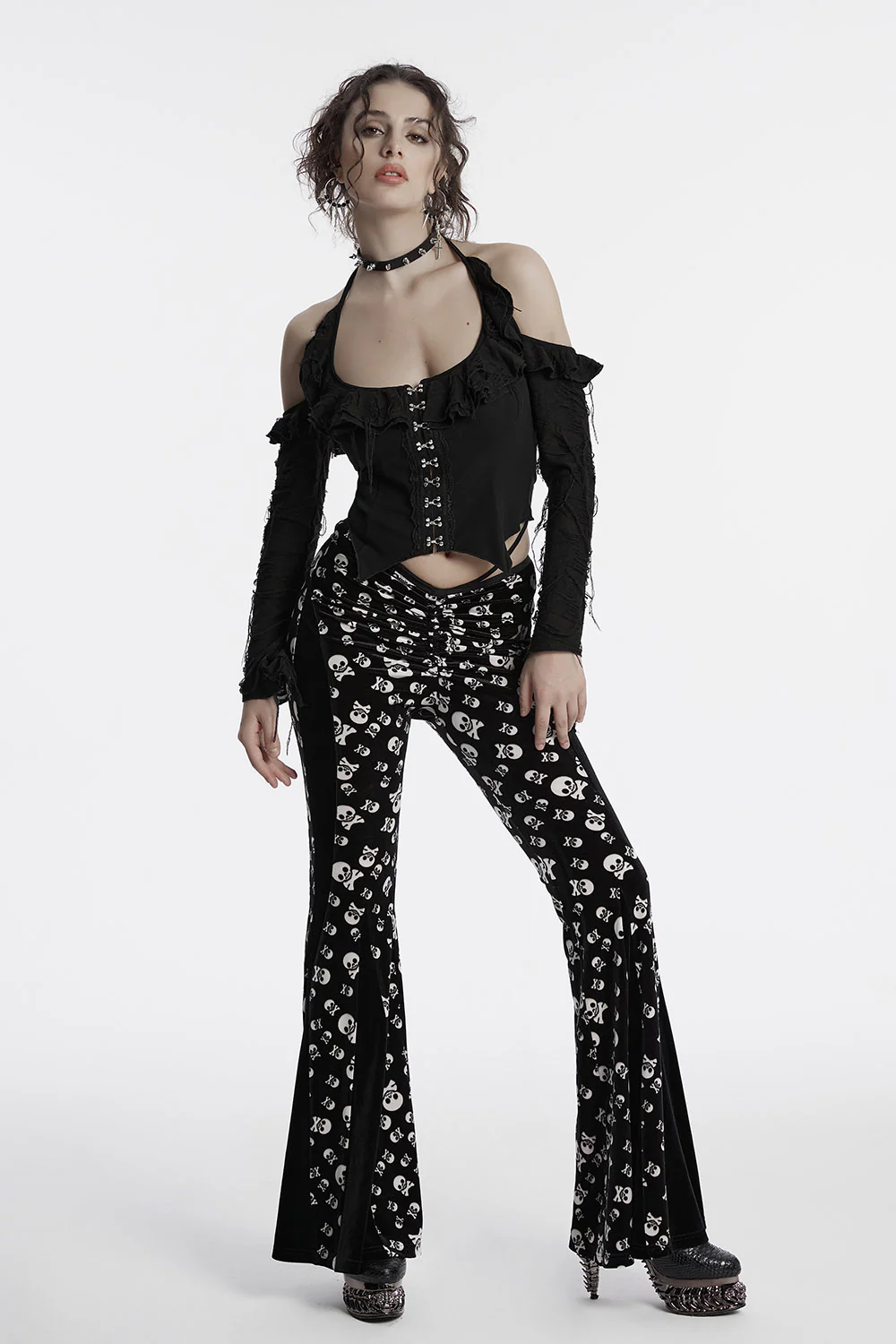 Skull and Crossbones Velvet Flares [Black/White] - Image 2