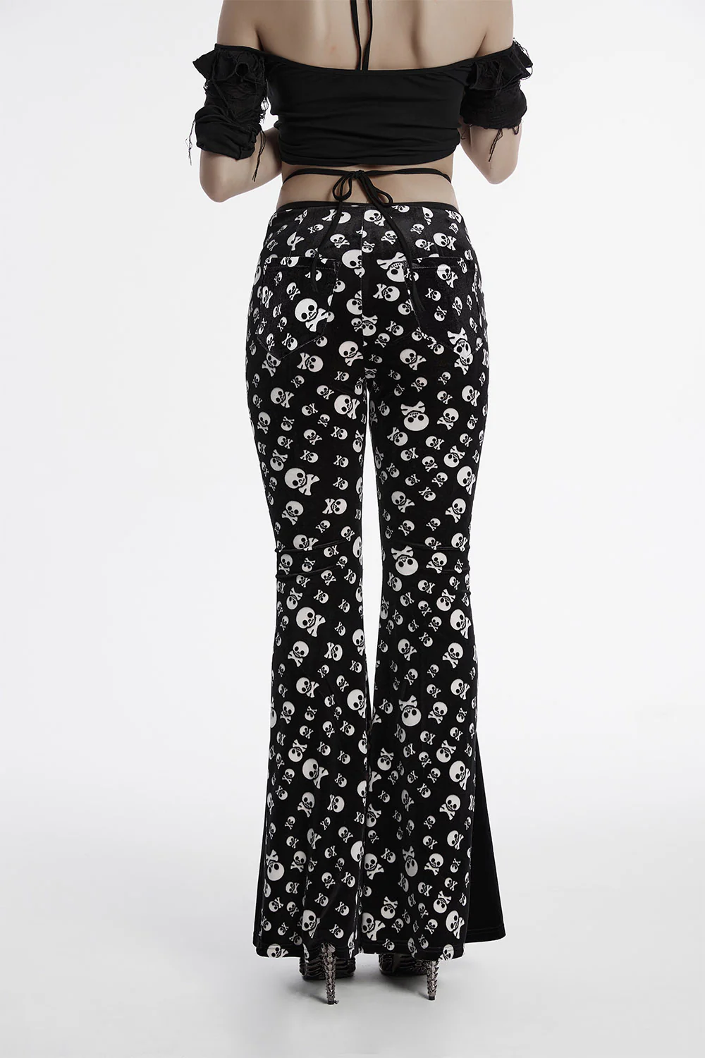 Skull and Crossbones Velvet Flares [Black/White] - Image 4