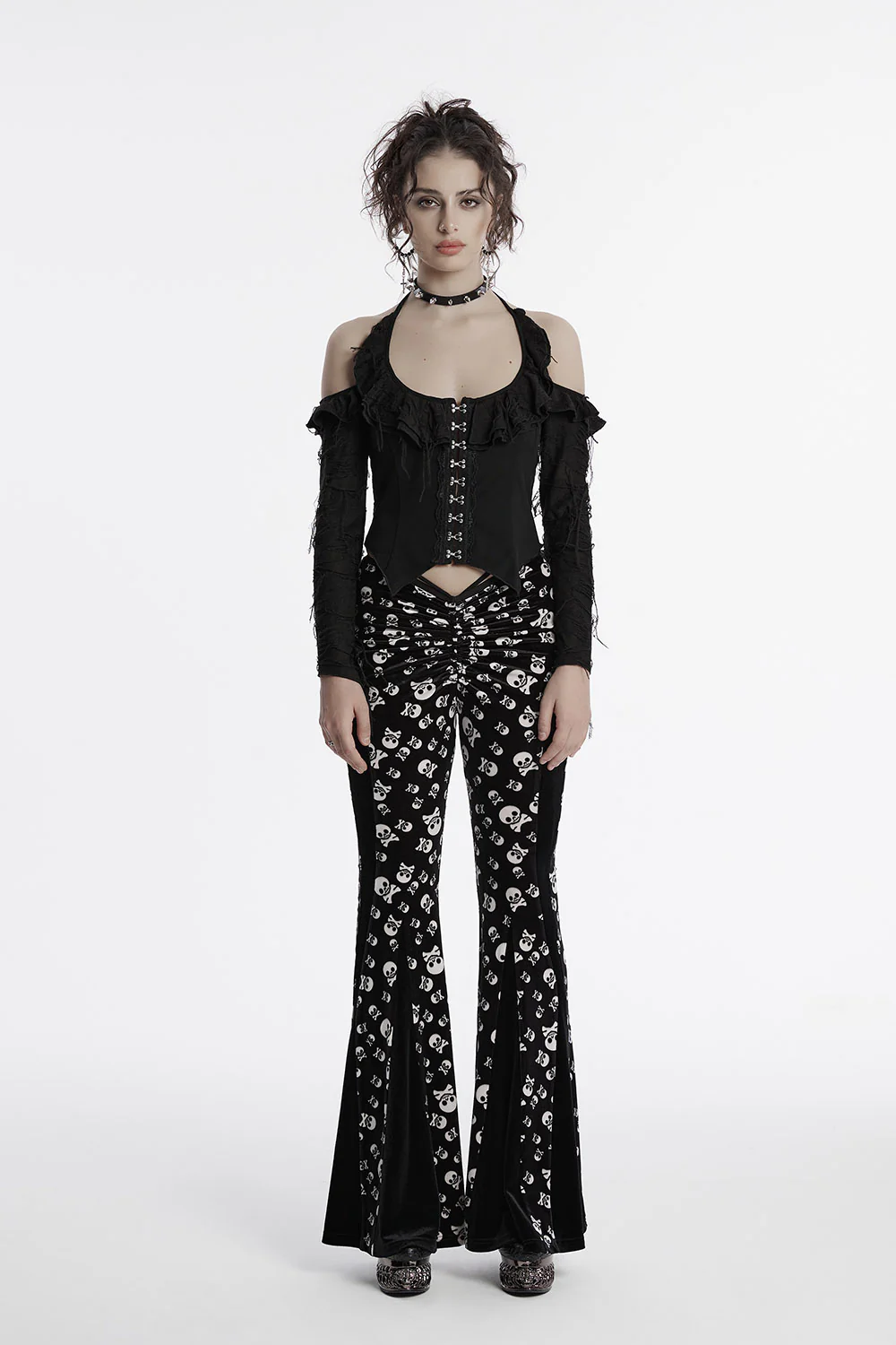 Skull and Crossbones Velvet Flares [Black/White] - Image 5