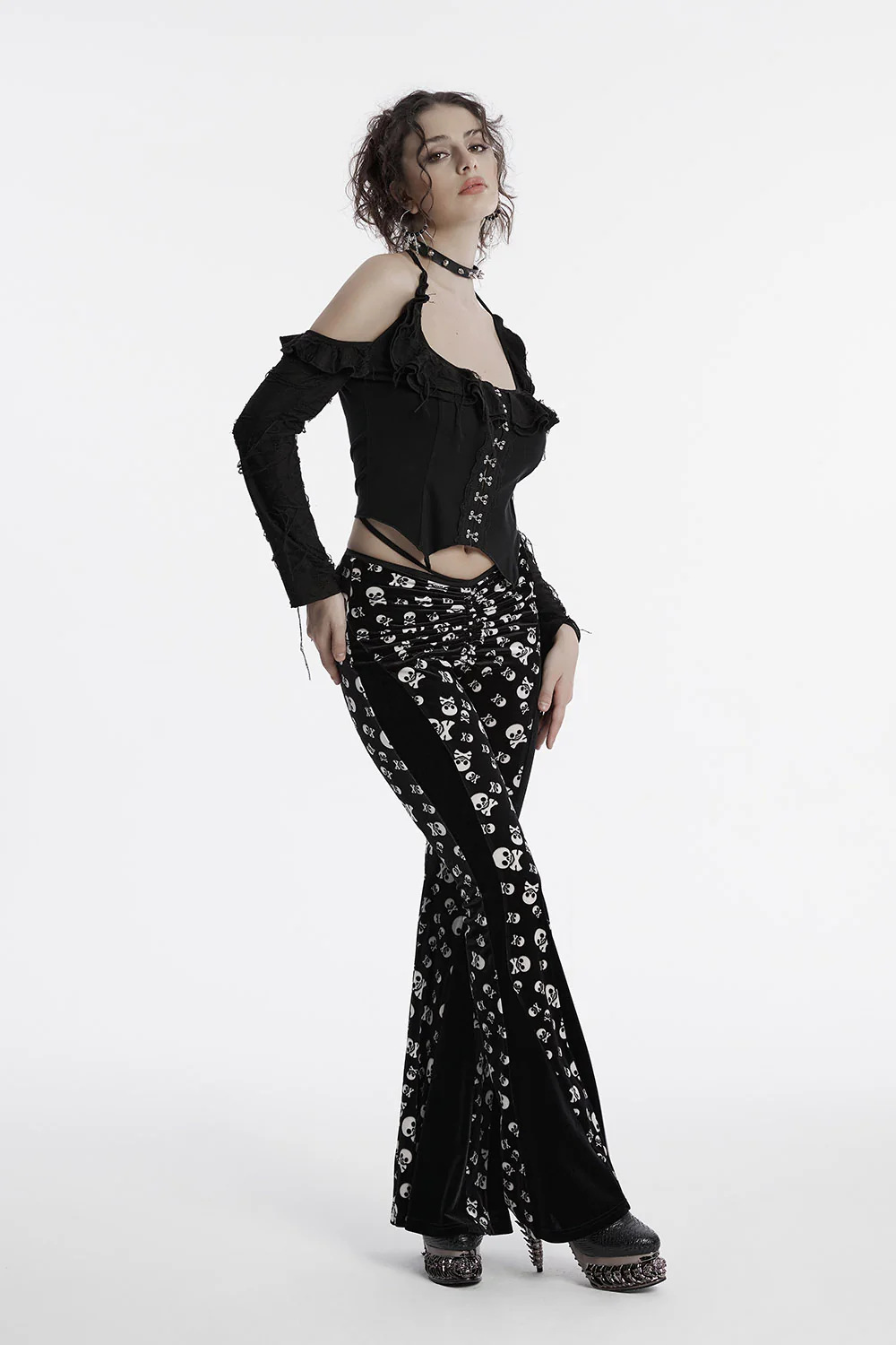 Skull and Crossbones Velvet Flares [Black/White] - Image 6