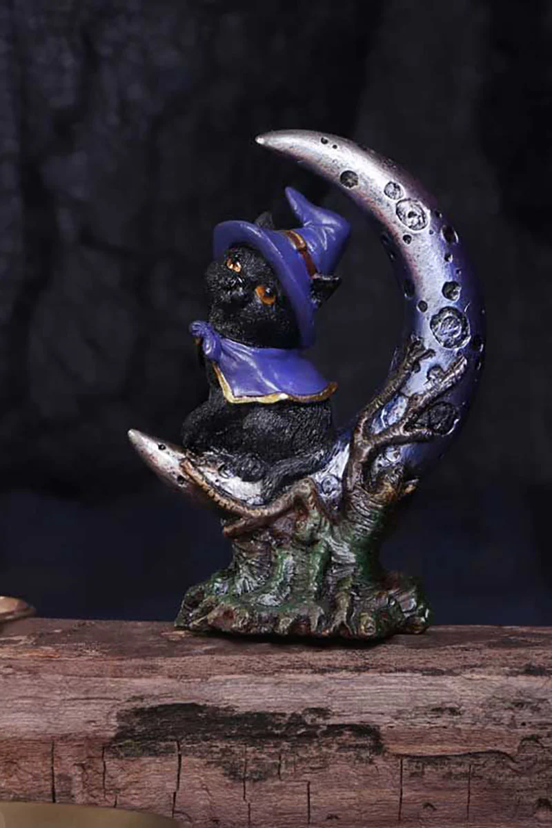 Spooky Witches Familiar Black Cat and Crescent Moon Figurine - Image 2